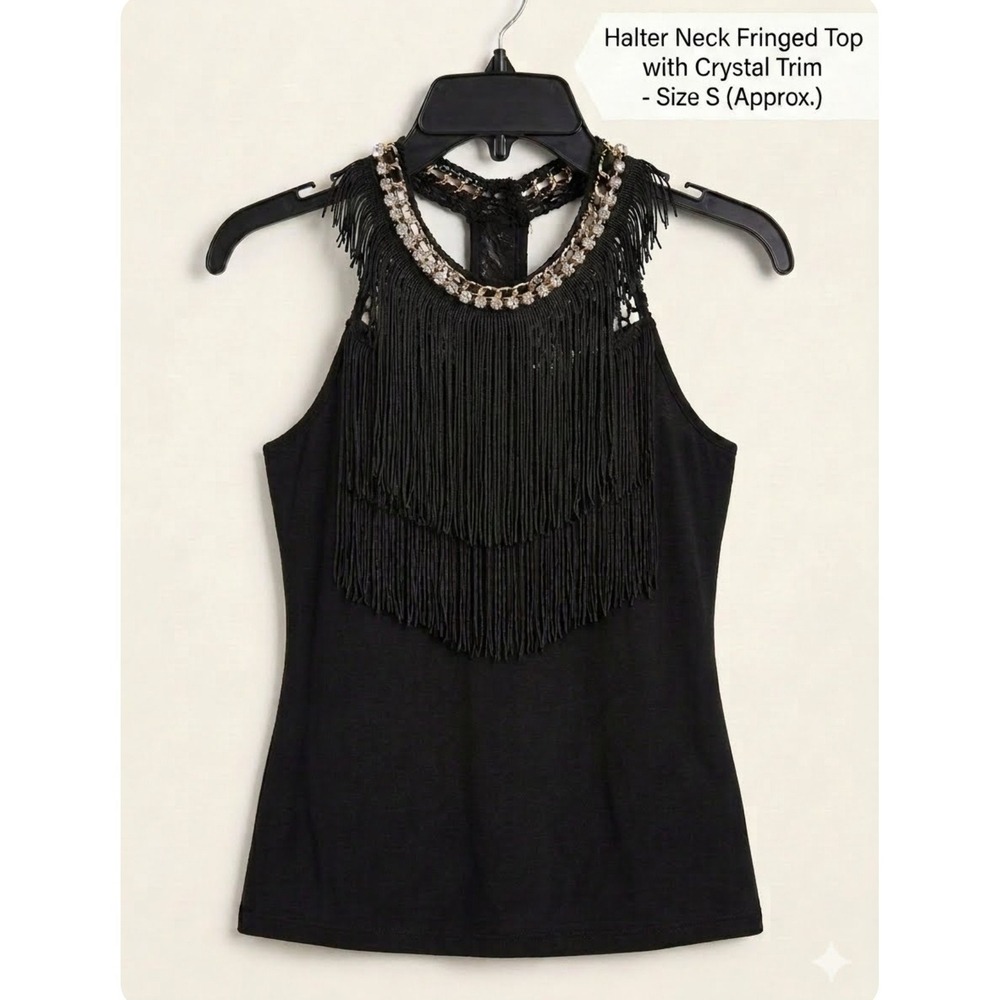 Mauve Black Halter Neck Fringed Top Crystal Trim Racerback Boho Blouse Small